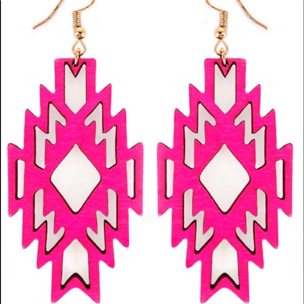 Beautiful wooden pink Aztec earrings